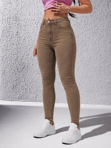 SHEIN ICON 女款修身休閒百搭牛仔褲，附口袋 - 棕色 - 查看 3