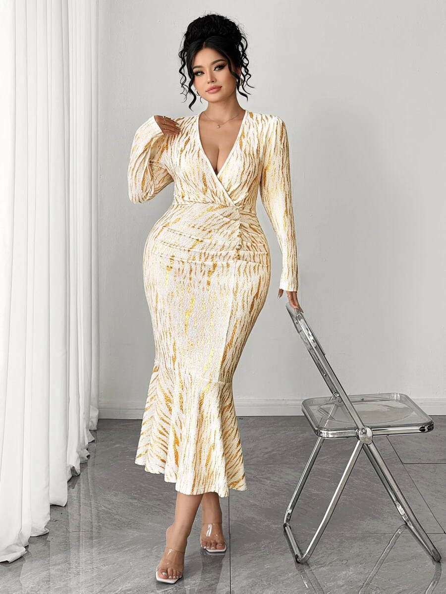 Elenzga Plus Size Women Deep V-Neck All-Over Print Casual Party Dress - Multicolor - View 1