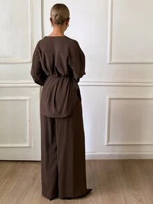 Dazy Tall Women's Solid Color Pleated Top And Pants Casual Daily 2 Pieces Set - Brown - View 6