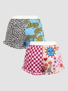 Chillnights Young Colorblock Leopard Print & Sun Graphic Frill Trim 2pcs Women Pajama Bottoms - Multicolor - View 2