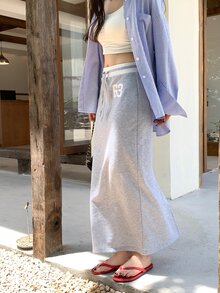 Dazy Tall Women's Contrast Color Letter Korean Style Casual Long Skirt - Grey - View 8