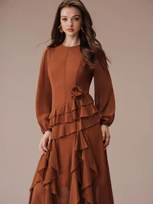 BELROSIE Gaun Panjang Ekstra Wanita Desain Romantis Elegan Berlapis-lapis Bahan Chiffon Warna Polos Musim Gugur/Musim Dingin, Cocok untuk Pesta Makan Malam Thanksgiving/Malam Hari dengan Nuansa Cokelat - Jeruk - View 6