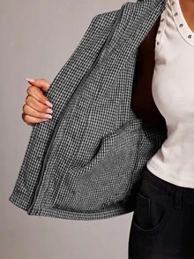 SHEIN BAE 女款全印花立領休閒日常長袖夾克 - 黑色 - 查看 8