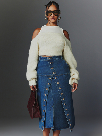 NYA SZN Denim Skirt Medium Dark Wash Button Asymmetrical Seaming School Work Office Everyday Casual Special Occasion Going Out Brunch Chic Cute Fall Winter