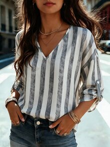 LUMIGAL All Season Spring Summer Autumn Winter V-Neck Dropped Shoulder 3/4 Sleeve Button Cuffed Striped Digital Print Fashion Casual Women's Shirt - Multicolor - View 4