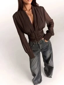 SHEIN BAE Women's Solid Color Deep V-Neck Long Sleeve Ruched Fashion Top - Brown - View 8