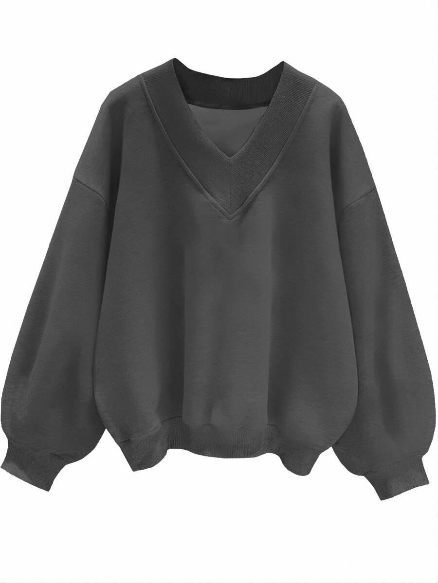 SHEIN EZwear 休閒極簡深灰色女款V領寬鬆大版型運動衫,適合秋冬穿著的秋季運動衫 - 深灰色 - 查看 1