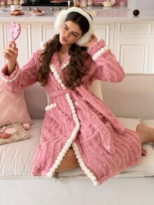 SweetSlumber رداء طويل مريح من الفرو الناعم مع بطانية رأس للنساء - وردي - مشاهدة 6