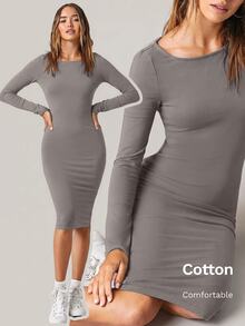 SHEIN BASICS 純色貼身中長洋裝，商務休閒女款／優雅夏季女裝套裝 - 灰色 - 查看 1