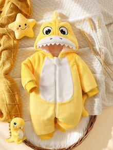 SHEIN 新生兒連帽長袖可愛毛絨褲裝套裝 日常穿著 卡其色駱駝印花 適合女嬰男嬰 秋冬款 - 黃色 - 查看 3