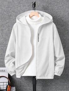 SHEIN 青少年男孩休閒字母圖案印花連帽夾克外套，輕量寬鬆版型拉鍊連帽外套 - 白色 - 查看 2