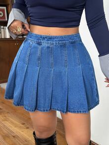Rivivi Plus Size Women's Pleated Denim Mini Skirt - Medium Wash - View 1