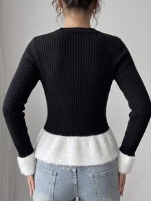 SHEIN Raffinéa Women's French Style Color Block Faux Mink Knit Cardigan, Autumn/Winter - Black and White - View 2