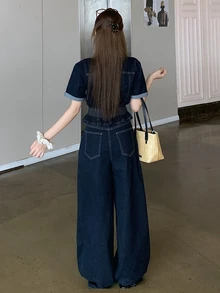 Dazy Tall Women's Short Sleeve Denim Top & Loose Straight Leg Pants Casual Denim Two Pieces Set - Dark Wash - View 2
