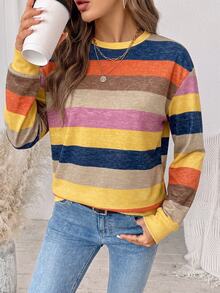 SHEIN LUNE Women's Striped Colorblock Casual Everyday Long Sleeve Sweatshirt - White - View 5