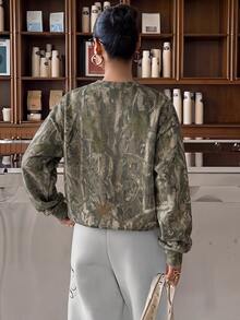 Muchica Casual Minimalist Street Style Washed Effect Tree Branch Camouflage Print Lightweight Sweatshirt, Suitable For Autumn Winter Spring Summer Wear, Sports Style - White - View 2