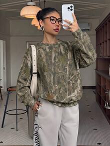 Muchica Casual Minimalist Street Style Washed Effect Tree Branch Camouflage Print Lightweight Sweatshirt, Suitable For Autumn Winter Spring Summer Wear, Sports Style - White - View 3