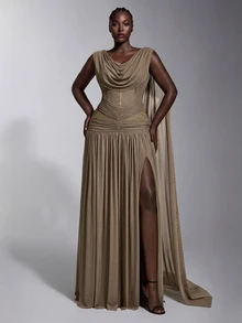 Elitara Elegant Grey Minimalist Sophisticated Cowl Neck Long Ribbon Pleated Design A-Line Skirt High Slit Maxi Dress Suitable For Wedding Events Holiday Parties Formal Evening Banquets Bridesmaid Gown - Brown - View 6