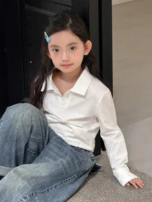 DAZY Tween Girl Solid Color Collared Long Sleeve Casual Versatile T-Shirt - White - View 7