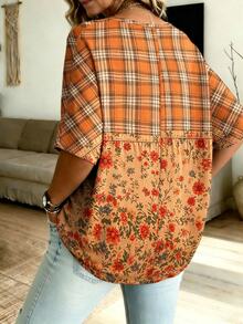 EMERY ROSE Plus Size Women's Boho Orange Plaid & Floral V-Neck Patchwork Batwing Sleeve Asymmetric Hem T-Shirt,Fall Casual Loose Tummy Coverage Going Out Tops - Multicolor - View 2