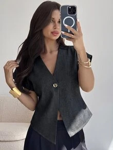 Firerie Women's Metal Single Button Batwing Short Sleeve Regular Jacket - Dark Grey - View 1