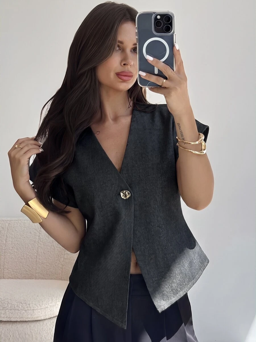 Firerie Women's Metal Single Button Batwing Short Sleeve Regular Jacket - Dark Grey - View 1
