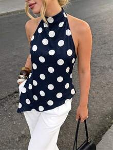 Firerie Women Summer Elegant Minimalist Casual Vacation Daily Commute Fashion Streetwear New Draped Backless Halter Neck Polka Dot Print Asymmetrical Hem Blouse Top - Navy Blue - View 3