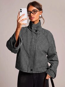 SHEIN BAE 女款全印花立領休閒日常長袖夾克 - 黑色 - 查看 1