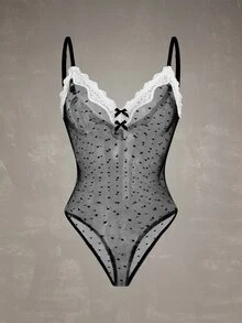 Esseday Women's Lace Patchwork Sexy Sheer Camisole Jumpsuit - Black and White - View 7