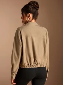 SHEIN BASICS Women's Street Fashion Casual Button Pocket Long Sleeve Jacket Everyday Travel Khaki Autumn Fall/Winter Winter Warmth - Khaki - View 10