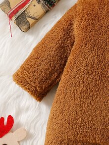 SHEIN 新生兒嬰兒連帽連身衣 可愛3D鹿圖案 羊羔絨毛 親膚舒適 嬰兒爬行服 秋冬加厚保暖 抓絨內裡 長袖 - 棕色 - 查看 8