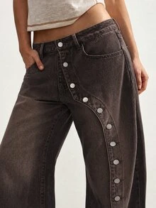 Bohemela Celana Jeans Denim Saku Kancing Desain Fashion Wanita - Coklat - View 6