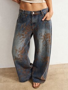 SHEIN MOD Women's Plus Size Floral Print Pocket Wide Leg Loose Fit Denim Jeans - Blue - View 5