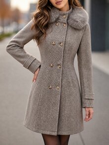 Editum Women's Street Style Faux Fur Patchwork Button Waist-Cinching Overcoat - Khaki - View 9
