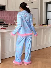 SweetSlumber Women's Sweet Romantic Colorblock Bow Print Contrast Trim Open Front Pajama Set - Blue - View 4