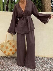 Dazy Tall Women's Lace Patchwork Vacation Style Casual 2 Pieces Set - Brown - View 4