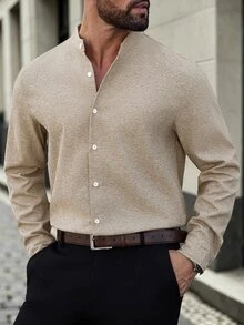 Manfinity Bizformal 2026春夏男士亨利領立領長袖鈕扣襯衫，極簡日系風格 - 卡其色 - 查看 4