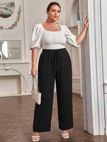 Comfylo Women's Plus Size Casual Solid Color Wide Leg Pants With Waist Tie, Autumn/Winter - Black - View 3