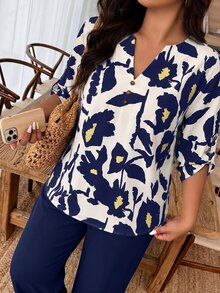 Weeklong Conjunto de 2 piezas para mujer talla grande con cuello de muesca, botones, estampado floral y estampado botánico de color contrastante, estampado aleatorio - Multicolor - Ver 4