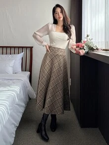 Dazy Tall Women's Plaid Elegant A-Line Long Skirt Fall - Khaki - View 4