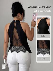 Elenzga Plus Size Women's Solid Color Back Contrast Lace Elegant Halter Neck Blouse - Black - View 4