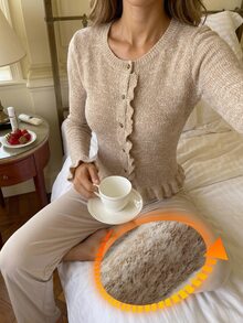 Livesso Women's Solid Color Long Sleeve Top And Pants Casual Daily Loungewear Set - Apricot - View 4