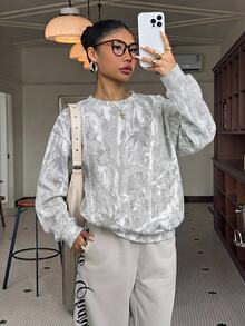 Muchica Casual Streetwear Minimalist Washed Effect Tree Branch Camouflage Print Lightweight Sweatshirt, Suitable For Autumn Winter Travel Tie Dye Light Grey - White - View 3