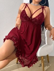 SHEIN 大尺碼性感蕾絲蝴蝶結裝飾睡裙 - 酒紅色 - 查看 3