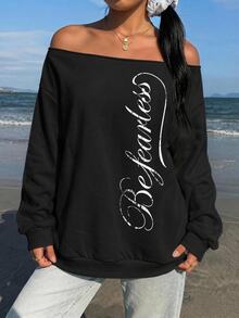 SHEIN EZwear 女款露肩寬鬆休閒長袖衛衣，街頭風英文時尚圖案，適合秋冬穿著 - 黑色 - 查看 3