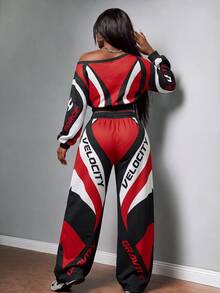 Slaydiva Women's Casual One Shoulder Sweatshirt & Straight Leg Sweatpants Two Pieces Set, Streetwear, Racing Outfit - Multicolor - View 2