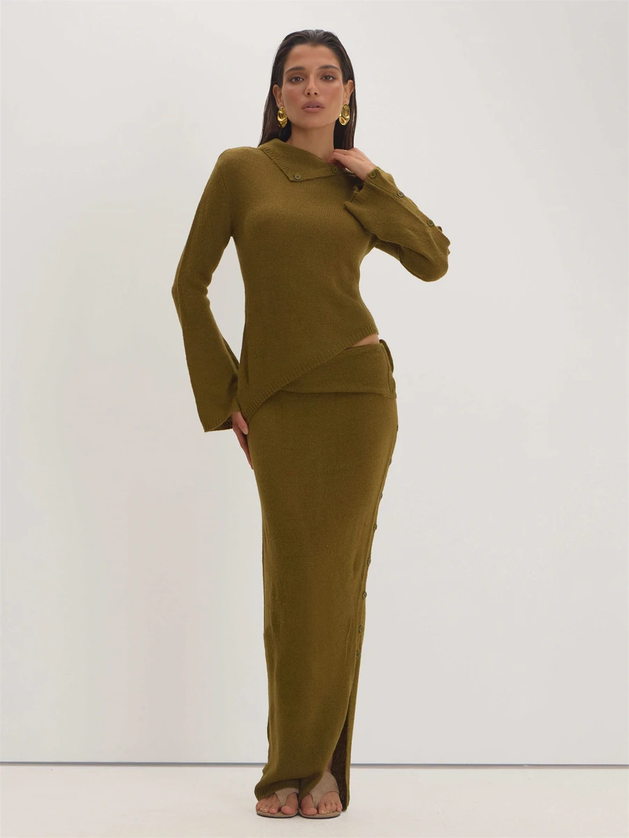 MUSEYN Green Knit Folded Waisted Button Maxi Skirt Versatile Everyday Casual Date Night Fall - Green - View 1