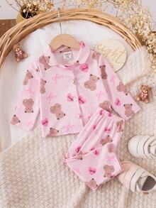 SHEIN 新生兒卡通熊印花單排扣上衣與褲子套裝 - 粉色 - 查看 10