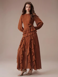 BELROSIE Gaun Panjang Ekstra Wanita Desain Romantis Elegan Berlapis-lapis Bahan Chiffon Warna Polos Musim Gugur/Musim Dingin, Cocok untuk Pesta Makan Malam Thanksgiving/Malam Hari dengan Nuansa Cokelat - Jeruk - View 7