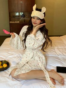 DAZY Women's Fashionable Versatile Polka Dot Contrast Color Robe For Home Wear - White - View 11